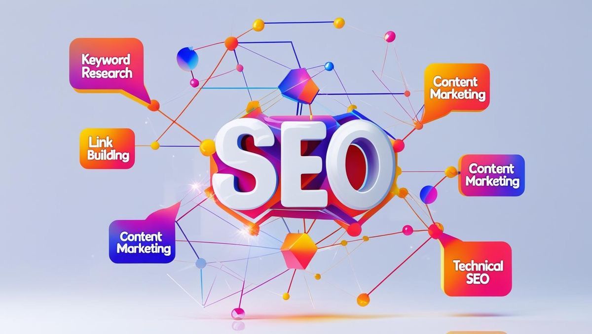 A 3D-style graphic with the word "SEO" centered, surrounded by a network of colorful lines and nodes connecting to various labels in speech bubbles. The labels include "Keyword Research," "Link Building," "Content Marketing" and "Technical SEO."