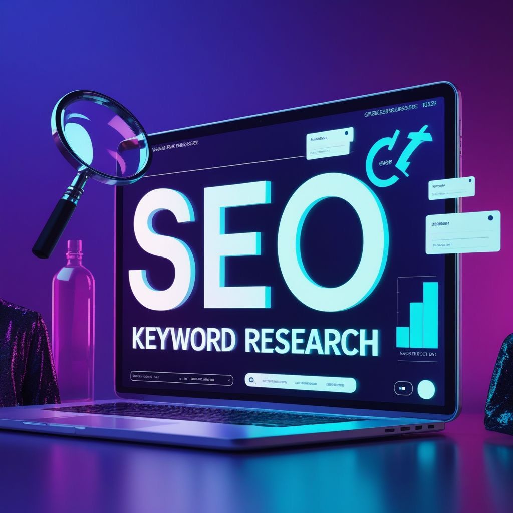 Professional SEO keyword research services by an SEO analyst in Alappuzha, displayed on a laptop screen with a magnifying glass graphic