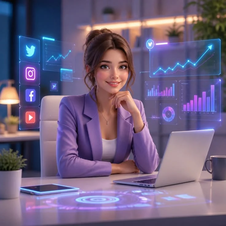 Professional freelance SEO analyst in Alappuzha seated at a desk with a laptop, looking at the camera in a modern office setting.