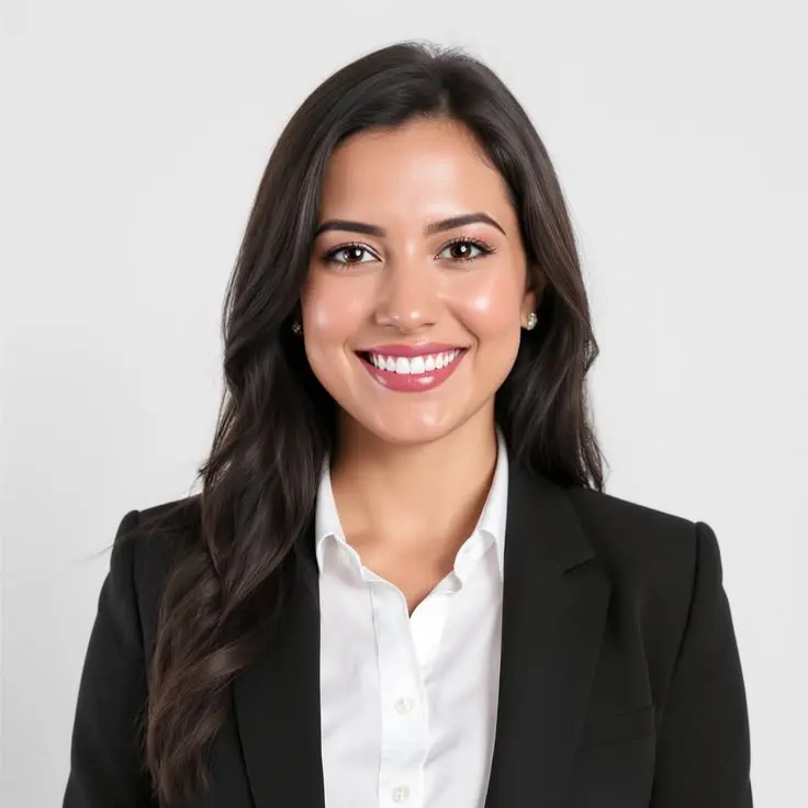 Professional freelance SEO analyst smiling and seated at a desk with a laptop in a modern office setting